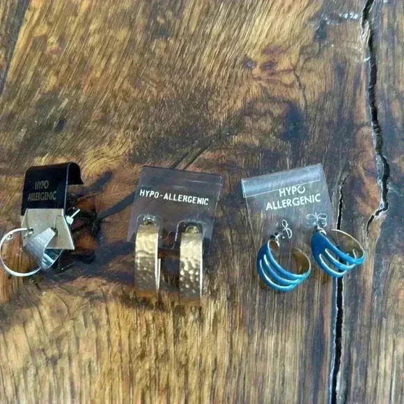 Vintage hypo allergenic gold hammered hoops, silver hooped, and blue hoops - Picture 1 of 5